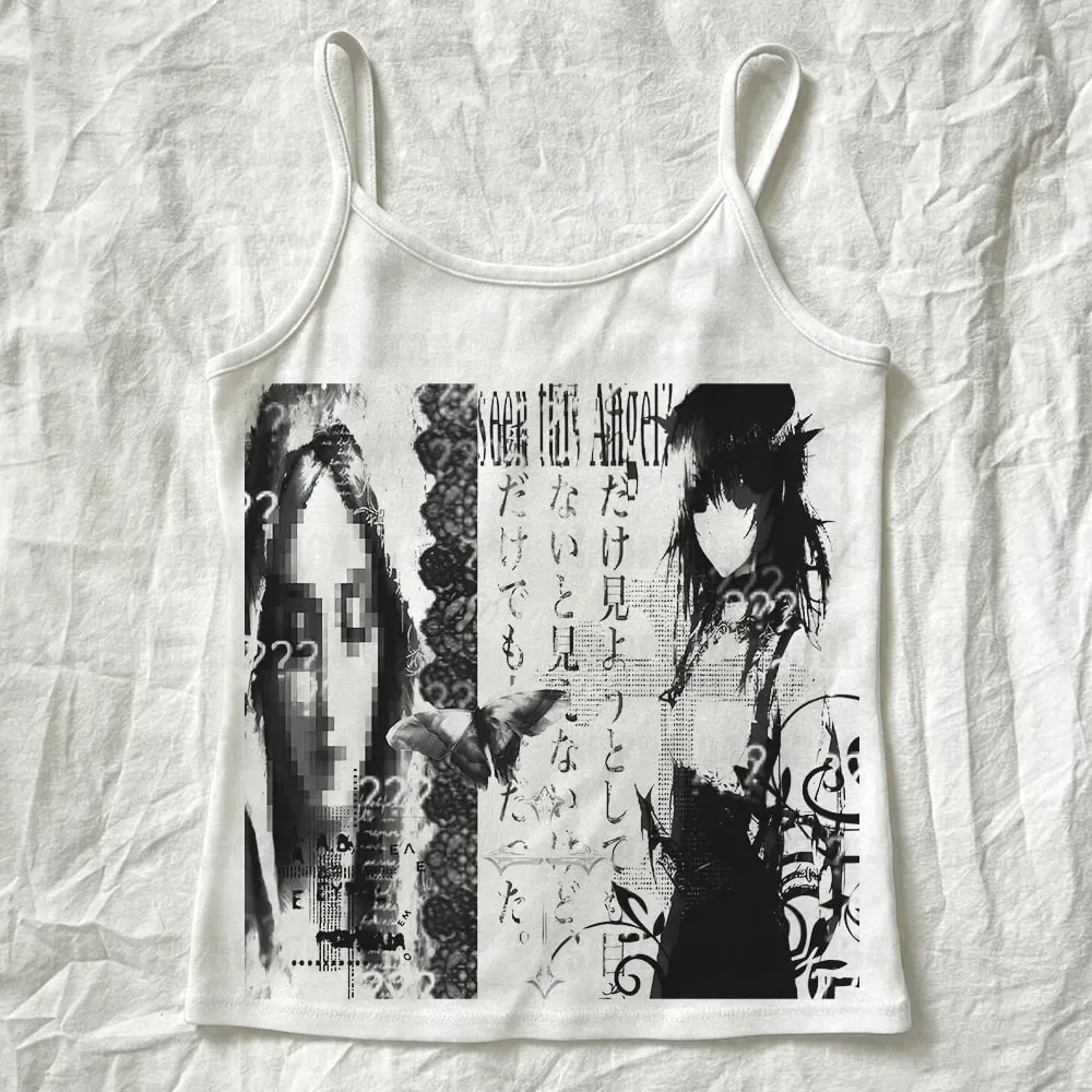 Women's tight vest baby T-shirt 2000s top Gothic Camisole top Emo girls' printed crop top Y2k style retro punk