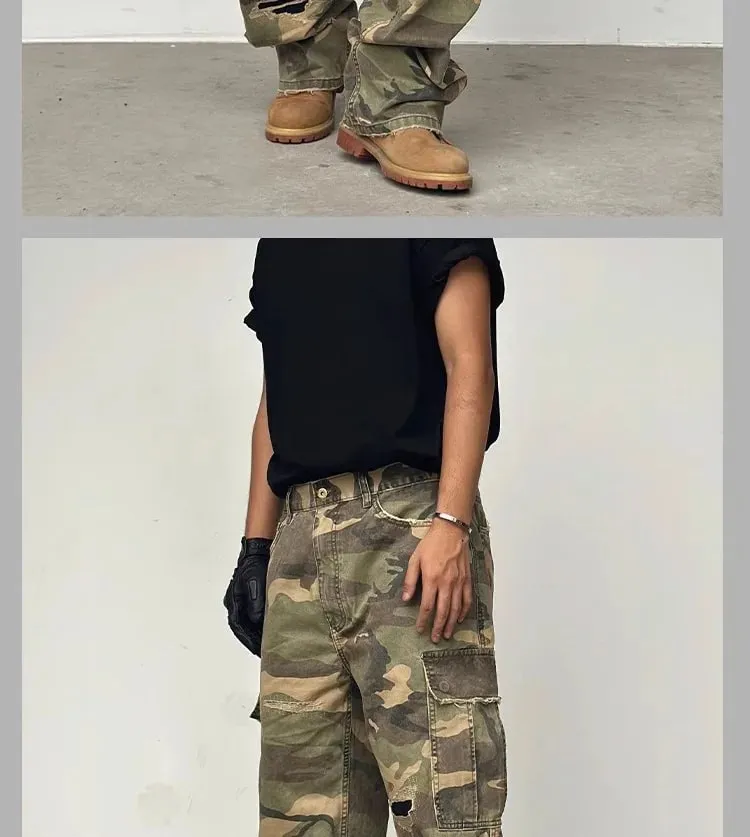American Street Style Washed Camouflage Workwear Jeans Hole Straight Leg Spring Autumn Casual Cotton Trendy Long Pants — image 9