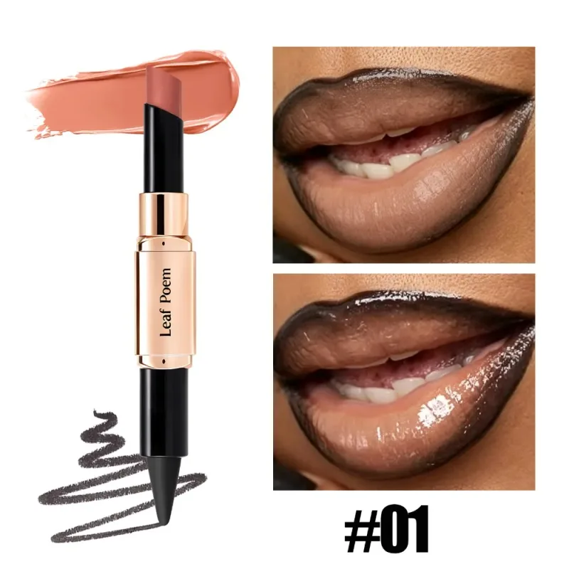 Dual-Ended 2-in-1 Lip Liner Lipstick Waterproof Matte & Satin Finish Slanted Tip Moisturizing Lip Pencil Long Lasting