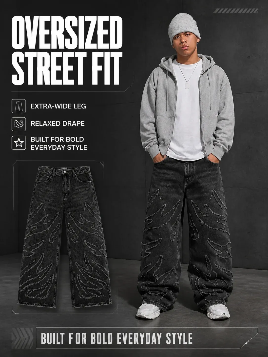 Streetwear Black Denim Wide Leg Jeans Featuring Oversized Letter Embroidery and Distressed Baggy Jeans Fit Gothic Hip Hop Pants — image 2
