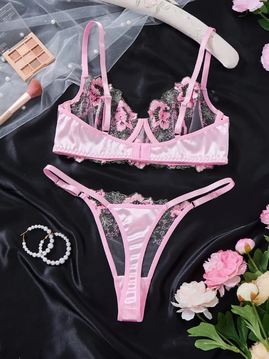 Elegant Pink Floral Embroidered Lace Lingerie Set Women Push Up Bra Thong Mesh Satin Romantic Intimate Underwear ZA825146 — image 3