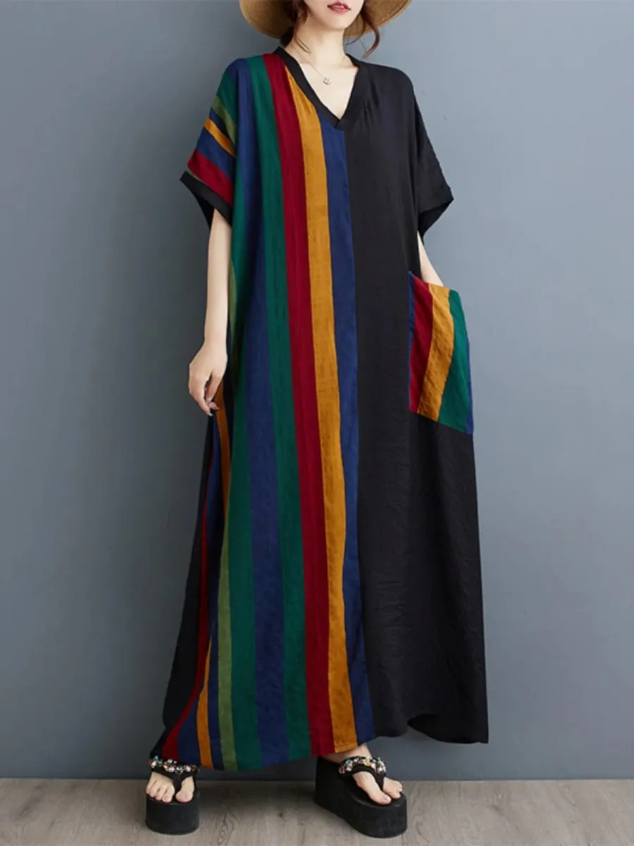 Long V-Ne ort Sve Printed Slimming Cotton Linen Dr Color Blo Casual Loose Fit Summer Faion plus Size Women — image 3