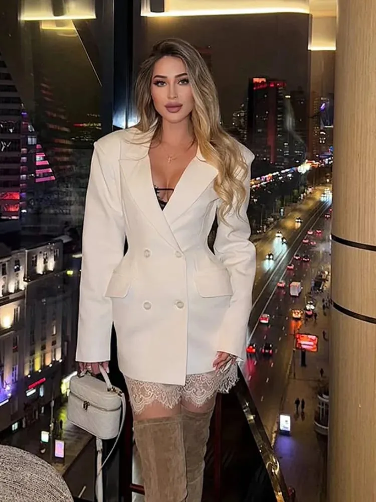 Solid Waist Cinching Blazer Dress Women Chic Long Sleeves Lapel V-neck Double Breasted Slim Short Dresses Lady Daily Street Gown — image 4