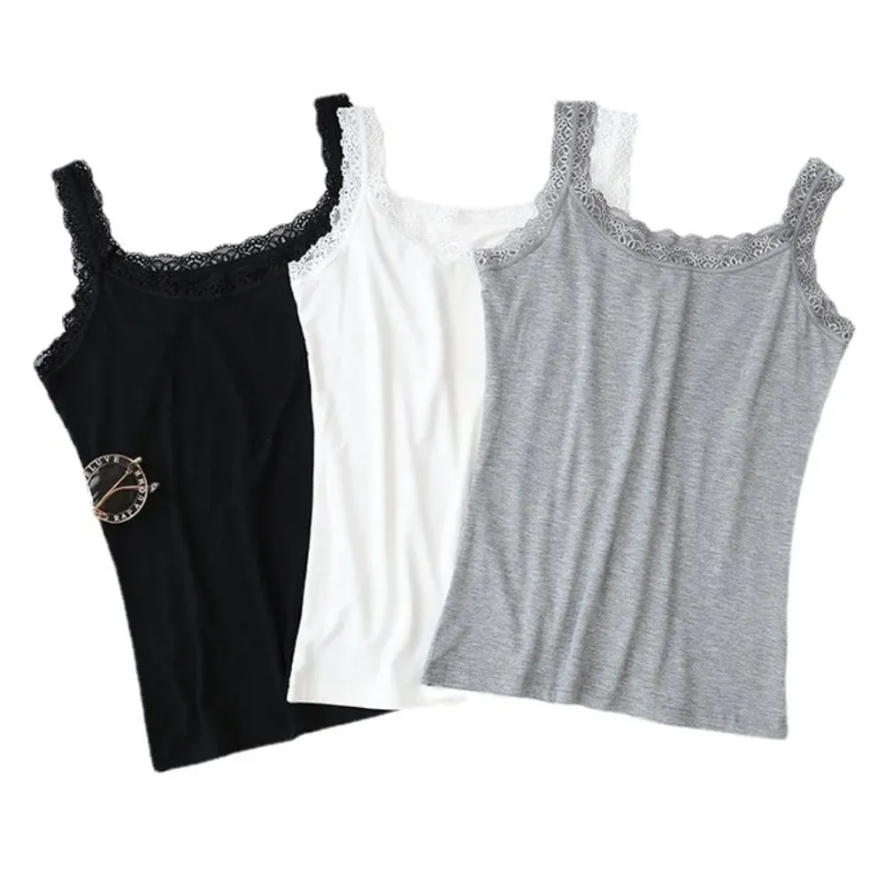 Casual U Neck Summer Tank Tops Sleeveless With Lace Fitted Tops Underwear Loose Cami Top Shirt for Women