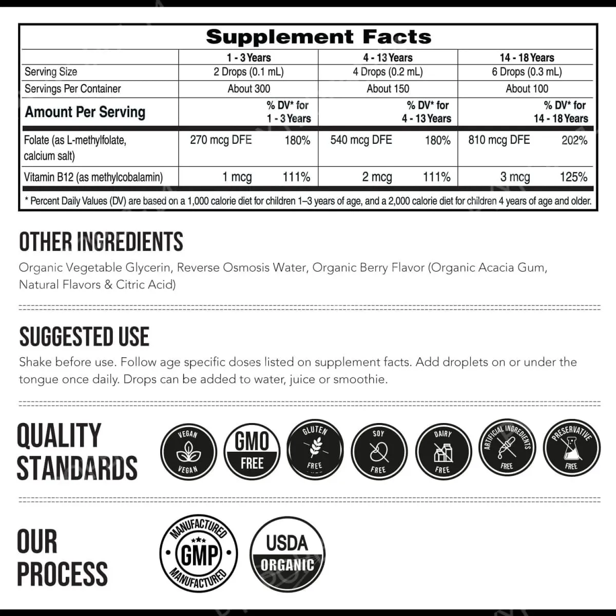 Kids L-Methylfolate 5-MTHF Liquid Drops with Methyl B12 Active Folate Support 1 Fl Oz USDA Organic Vegan Non-GMO — image 2