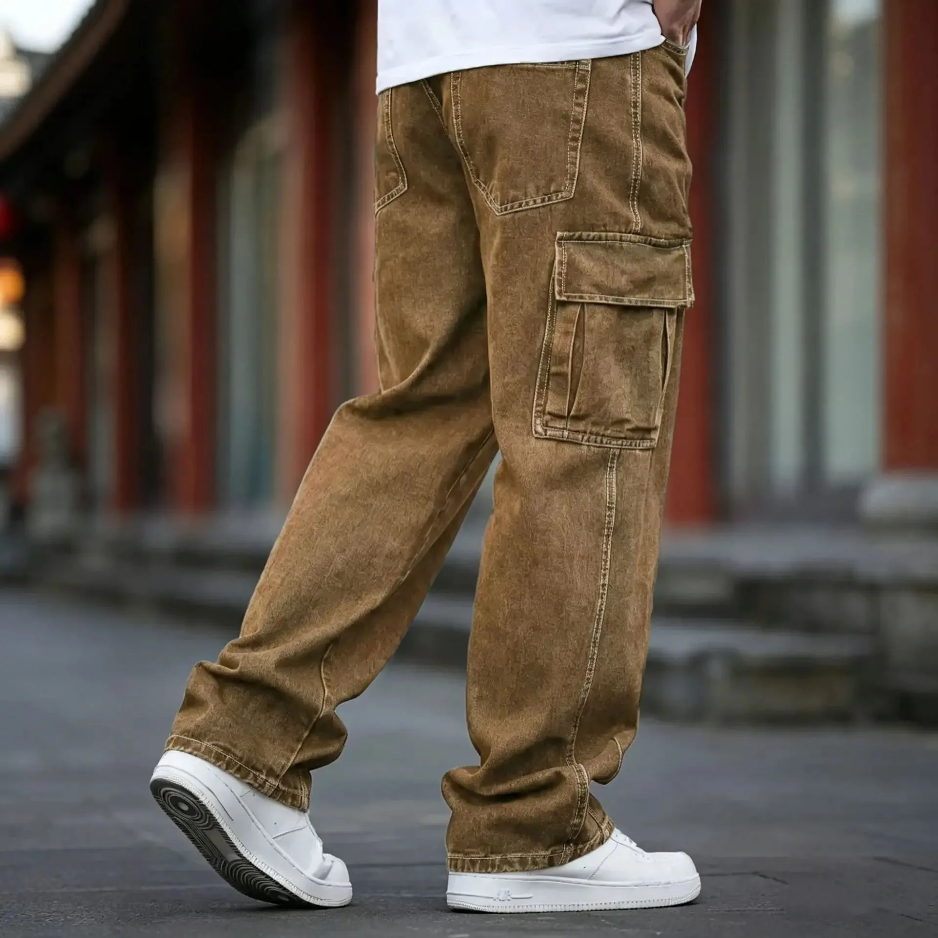 Men Baggy Cargo Jeans Retro Army Style Loose Fit Multi‑Pocket Denim Trousers Men's Casual Daily Outdoor Street Work Pants — image 12