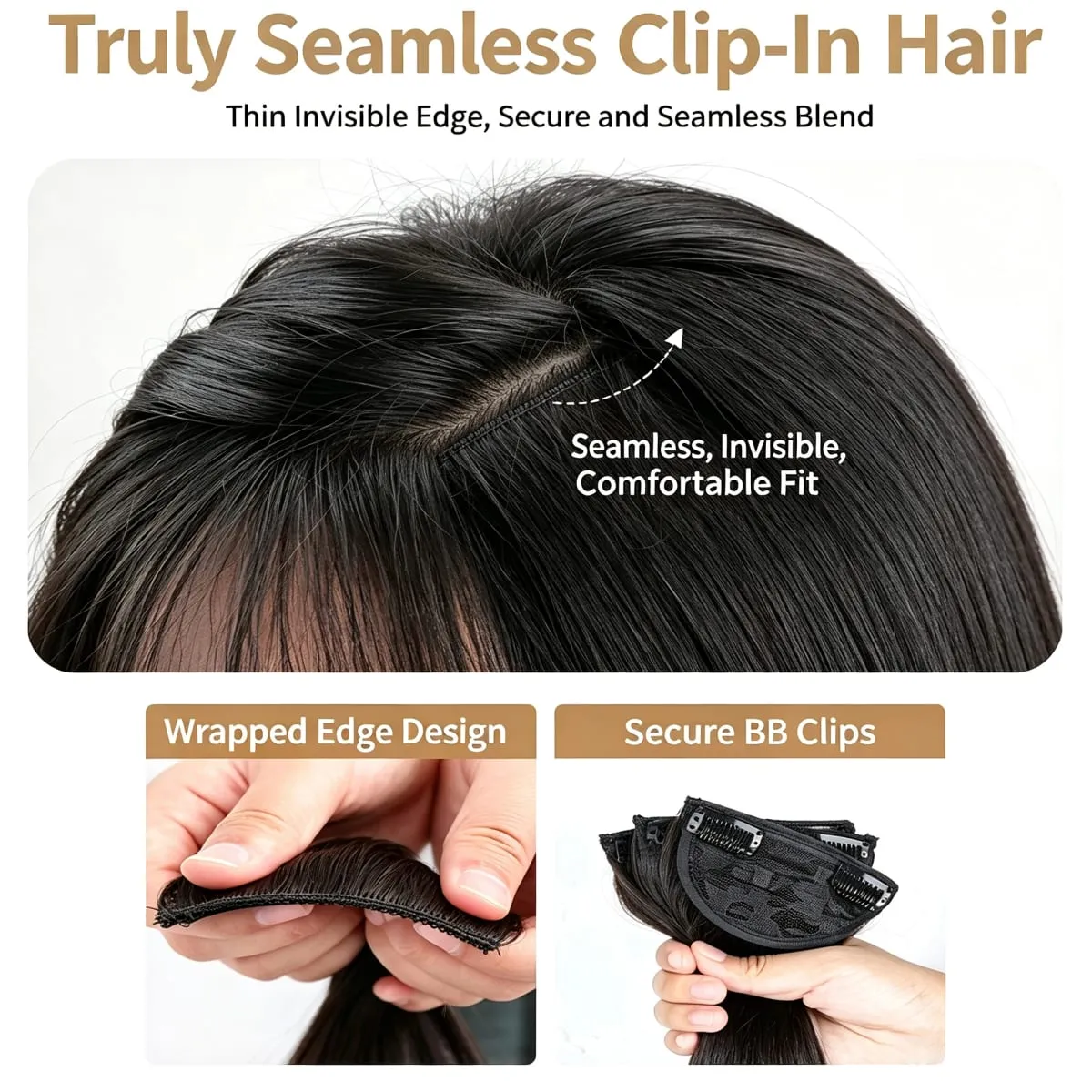 3 Pcs Black Synthetic Straight Hair Extensions Invisible Seamless Clip on Breathable Mesh Elastic BB Straight Hair Pieces — image 6