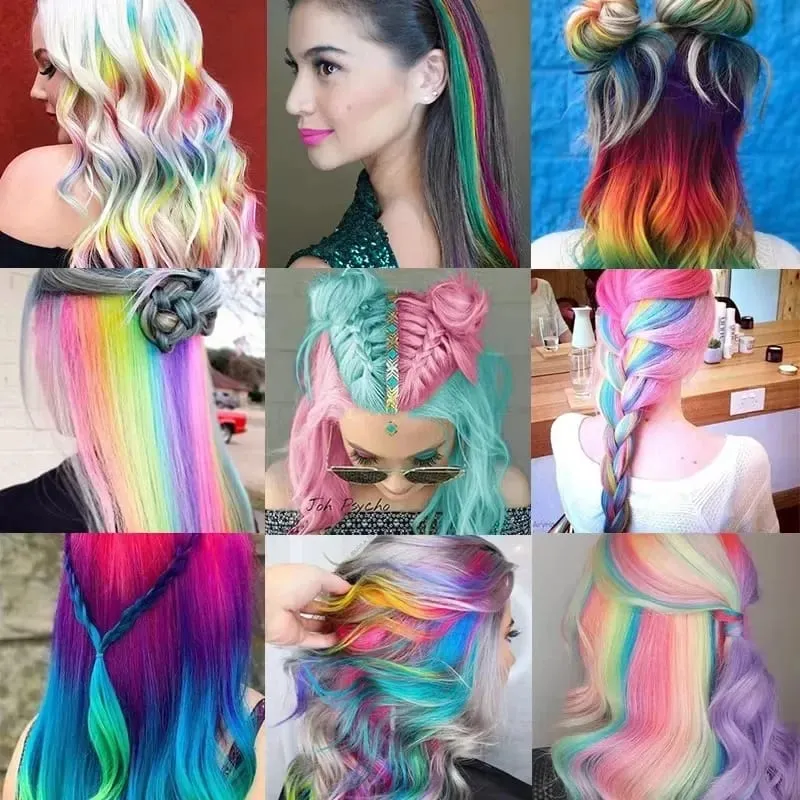 2026 Colored Highlight Hair Extensions 22 Inch Synthetic Rainbow Long Straight Hairpieces Purple Pink Blue for Women Girls Kids