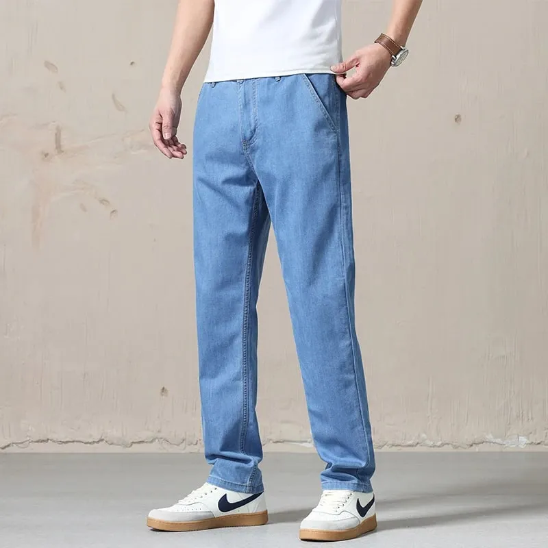 New Spring Summer Light Blue Men's Jeans Business Straight Cotton Black Casual Pants Trousers for Male Plus Size 28-40 — image 5