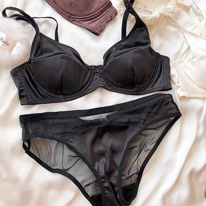 Vrouwen Ijs Zijde Comfort Ondergoed Sexy Kleine Borst Push Up Bh Set Afneembare Padding Dunne Cup Beha Intimates Slipje Set