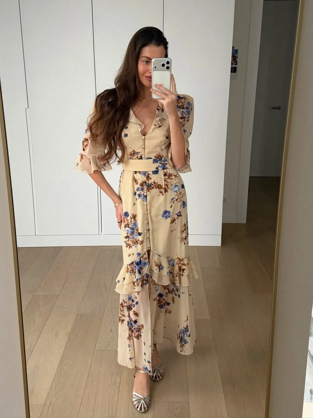 Floral Print Ruffle V Neck Waist Cinching Long Dresses Split Hem Single Breasted Maxi Dress 2026 Party Beach Vacation Vestidos — image 5