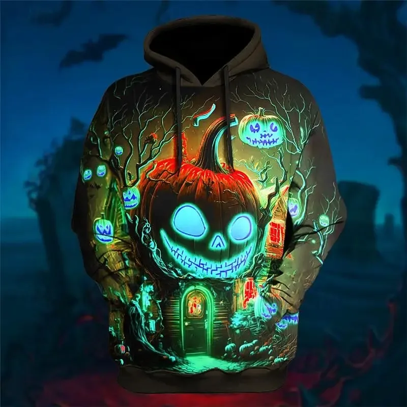 Men Halloween Evil Pumpkin Graphic Printed Hoodie Long Sleeve Pullover Sweatshirt Lantern Men Hooded Shirts Festival Tops