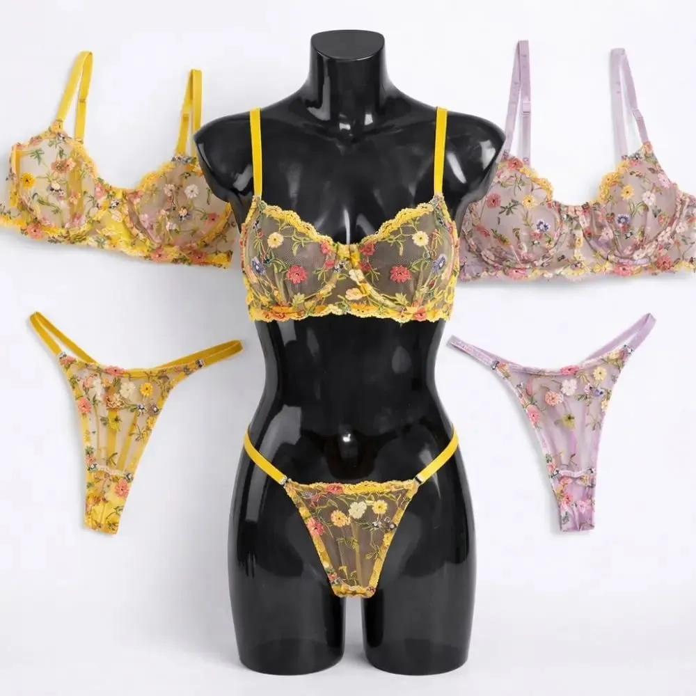 2-Piece Floral Lingerie Set Sheer Embroidery Underwear Intimates Versatile Underwire Push-up Bra Panty Set For Lady Girl — image 2