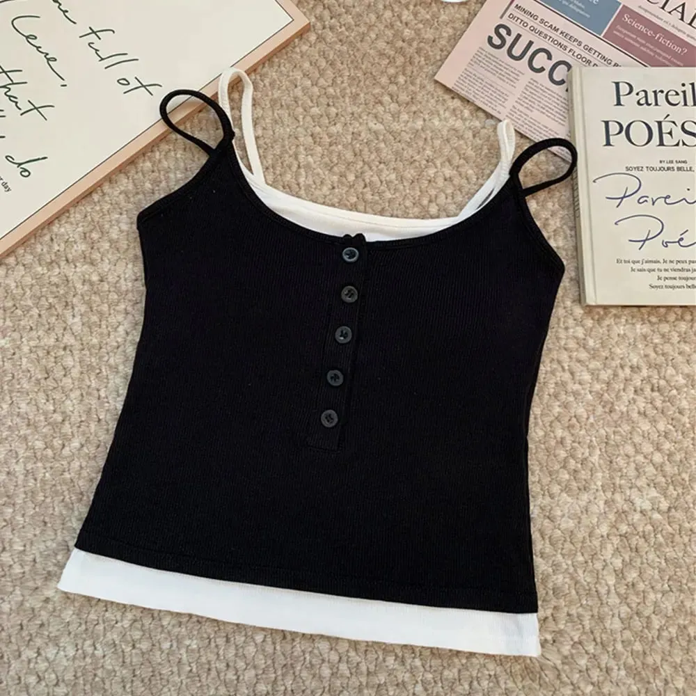 Top Tank Top Dua Keping Palsu Berlapis Kasual Y2K Butang Knit Berusuk Cami Slim Fit Tanpa Lengan Baju Atasan Dengan Pad Dada Untuk Dipakai Harian