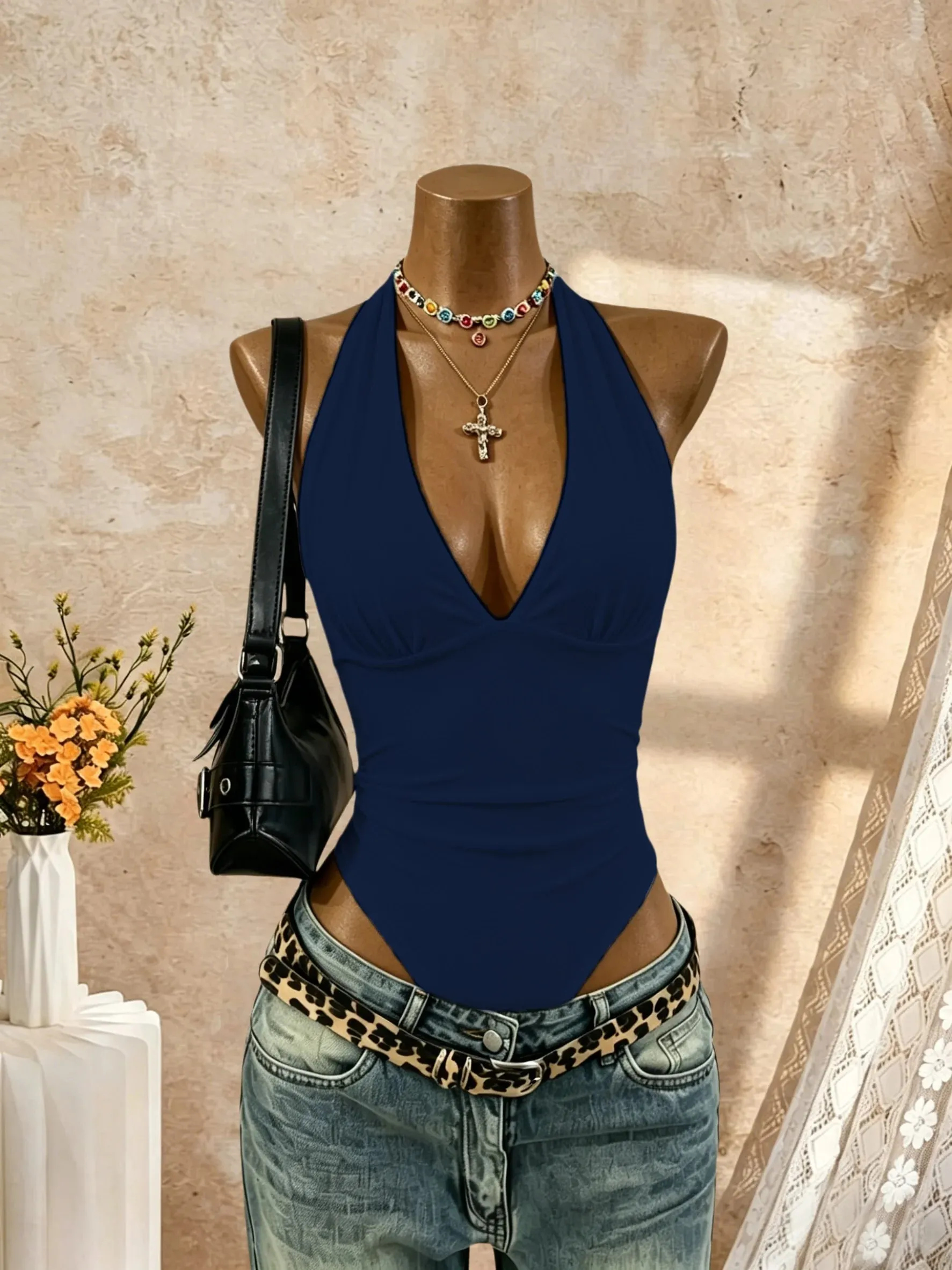 Women Halter Deep V Neck Bodysuit Solid Color Sleeveless Ruched Front Slim Fit Basic Jumpsuit Tank Top — image 7
