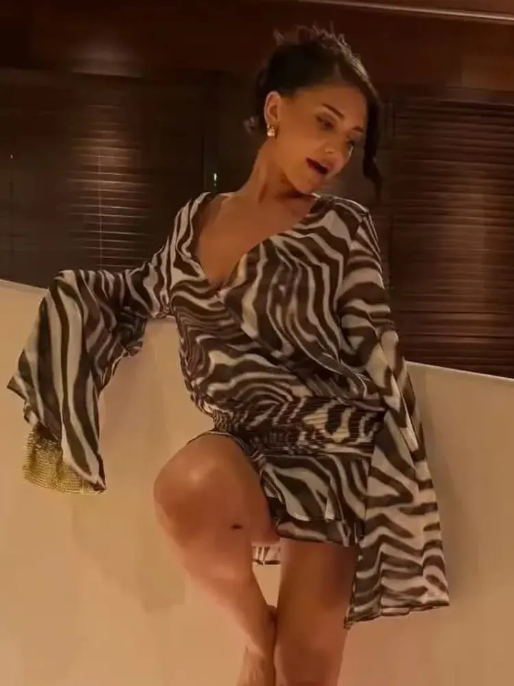 Women's Zebra Print Long Sleeve Mini Dress Zebra Print Long Sleeve Mini Dress Party Club Zebra Print Ruffle Dress Summer 2026 — image 2
