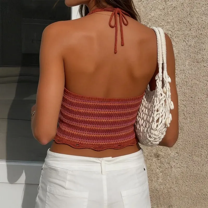 Women Spring Summer Halter Knit Cami Top Deep V Neck Gradient Stripe Sleeveless Cropped Tank Top Casual — image 6