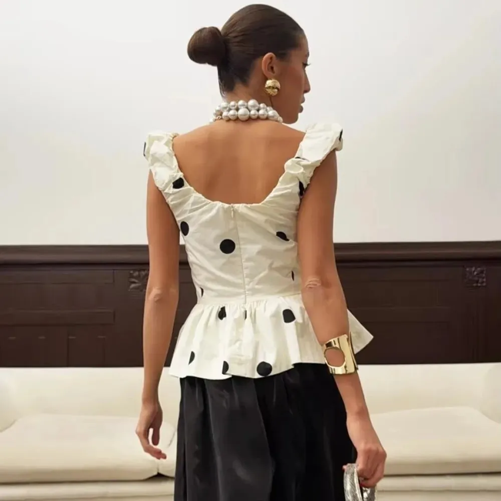 Slim Deep V Neck Polka Dot Tank Top Off-shoulder Ruffled Sleeveless Silk Vest Backless Lace Camis Female — image 4