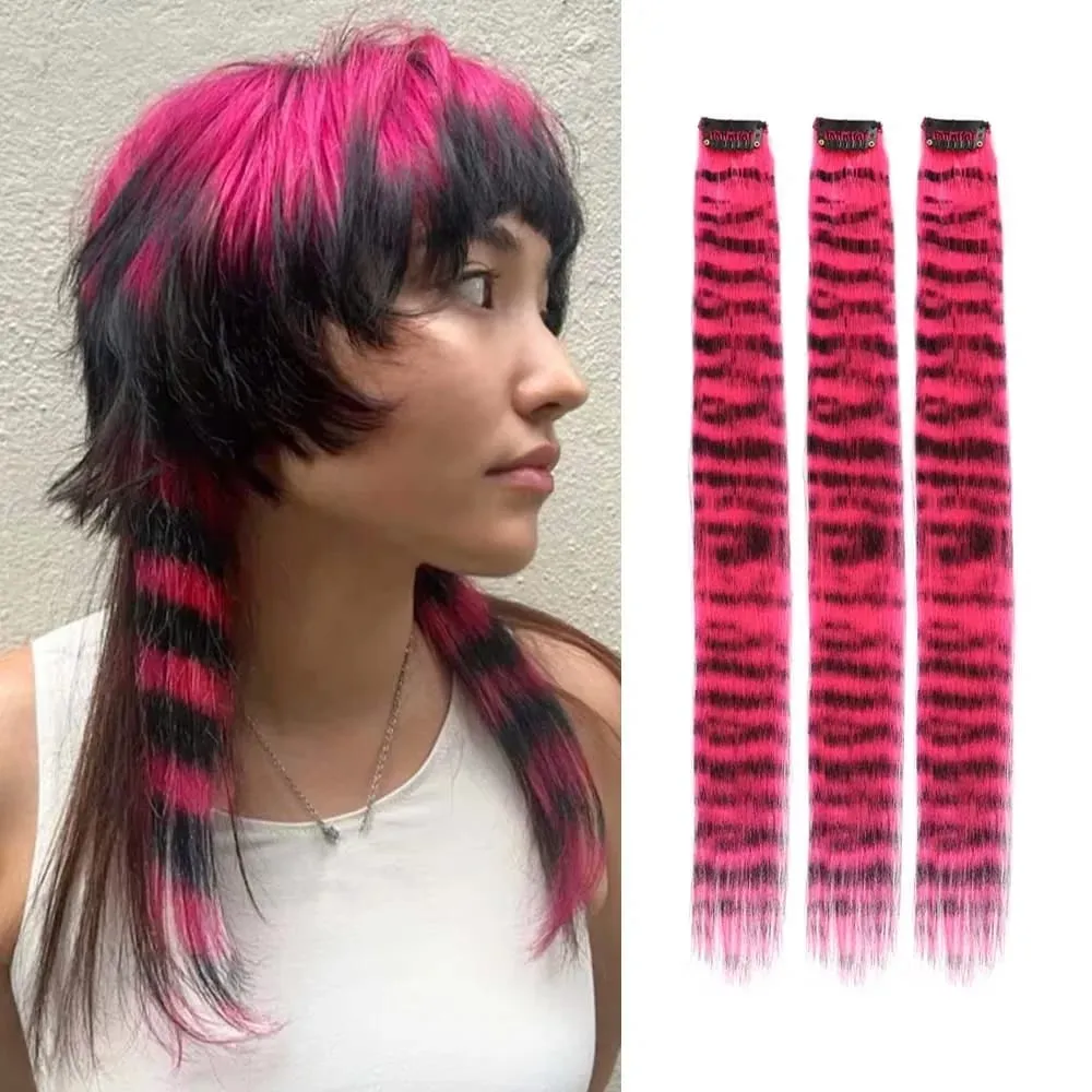 3pcs/set Stripe Printed Hair Colorful Long Straight Hair Pieces Synthetic Clip-in Hair Extensions for Daily Use Party Halloween — image 6