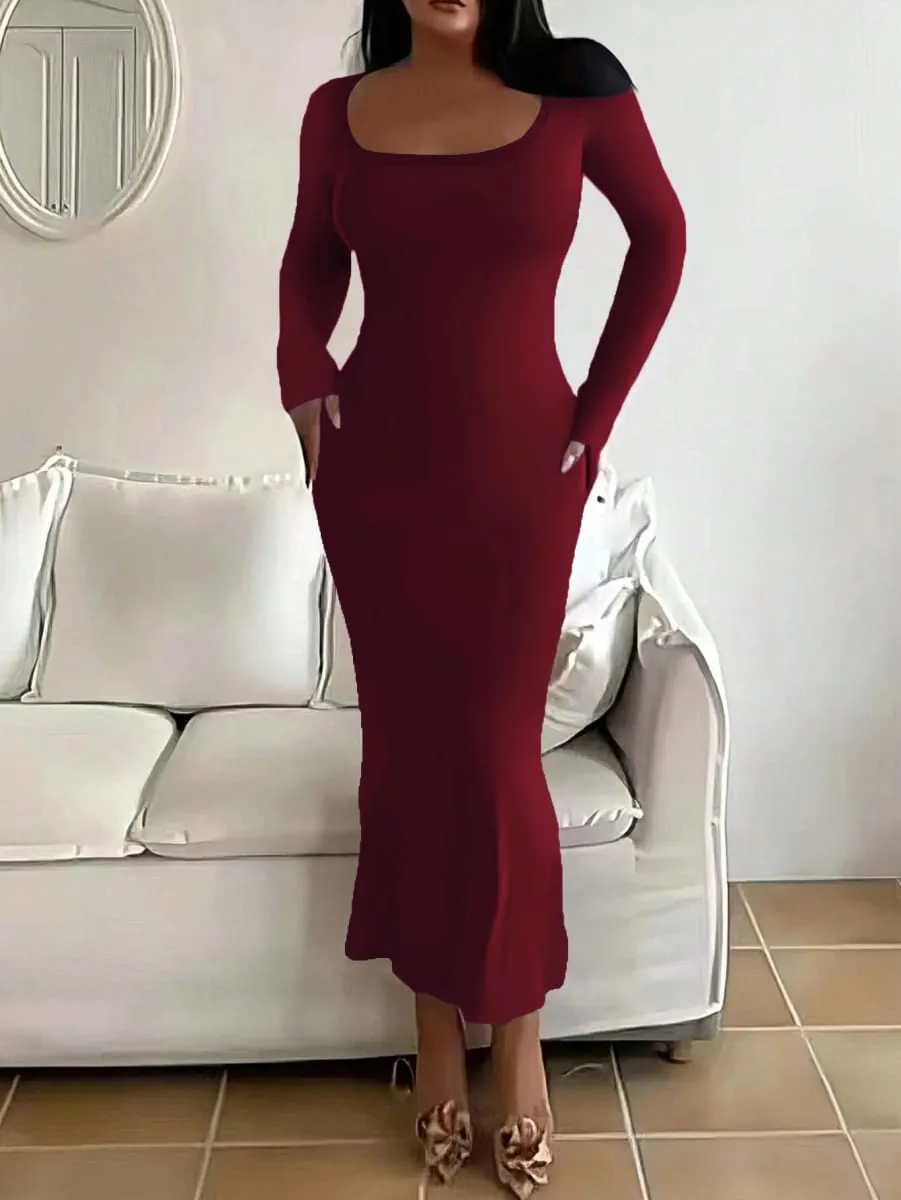 Women's plus size long slim fit long sleeved dress plus size women's extra long square neck tight fitting dress — image 4