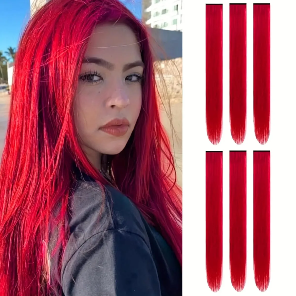 12PCS/Pack Colored Party Highlights Clip in Hair Extensions for Girls 22 Inches Omber Colors Straight Hair Synthetic Hairpieces