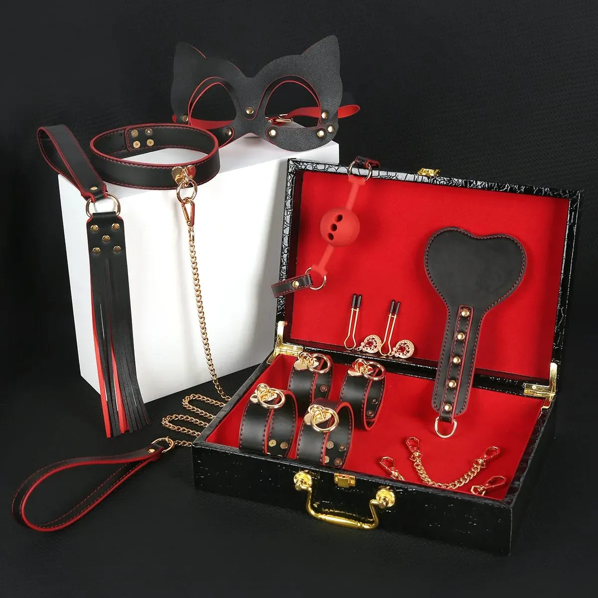 Slave Roleplay Set Leather Handcuffs Ankle Cuffs Ball Gag Mask Whip Collar Leash Sex Toys for Women Couples BDSM Bondage Kit — image 6