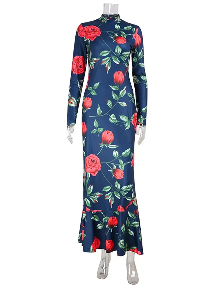 Flower Prints O Neck Women Dresses Sheath Trendy Fashion Elegant Evening Party Outfits Female Bodycon Long Sleeve Robes — image 6