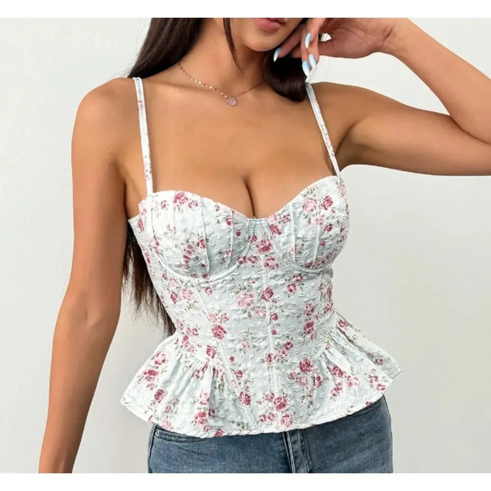 เซ็กซี่ Slim Corset ruffle พิมพ์เกาหลี Camis Tank Top Basic แฟชั่นปิดไหล่ฤดูร้อนเสื้อผ้าผู้หญิง — image 7
