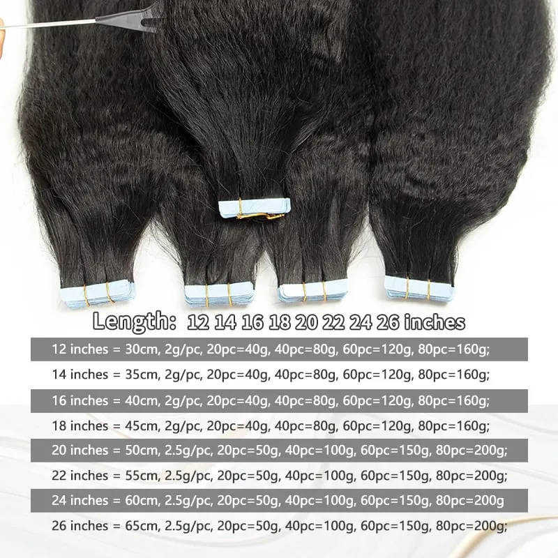 Human Hair Kinky Straight Tape in Extensions Remy Cuticle Yaki Tape in Hair Extensions 12-26 inch 20pcs Pack — image 5