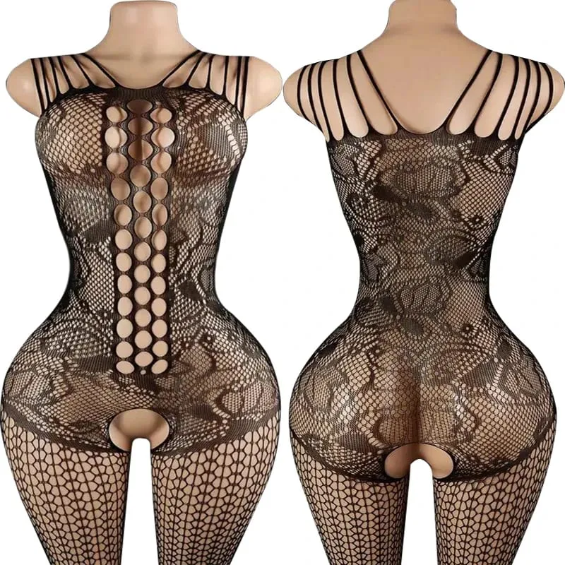 Black Fishnet Off-Shoulder Open-Crotch Bodystocking Lingerie Set Sexy Crotchless Teddy Bra Women's Erotic Underwear — image 10
