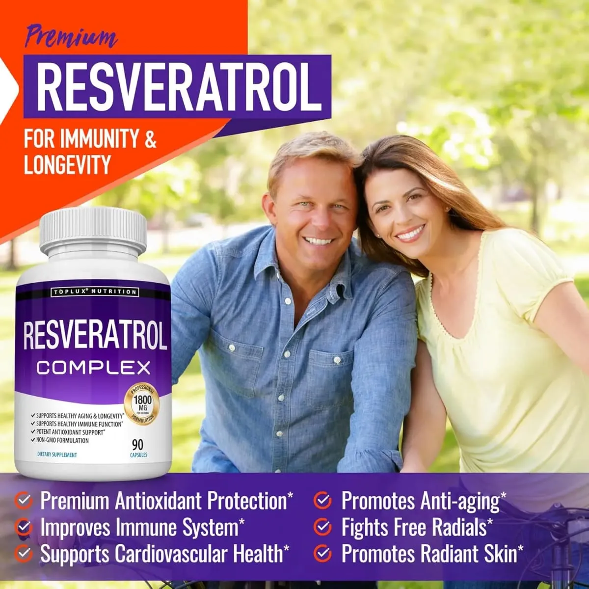 Resveratrol Complex Supplement 1800mg Antioxidant Pills for Healthy Aging Overall Health Immune System Brain Function 90 Caps