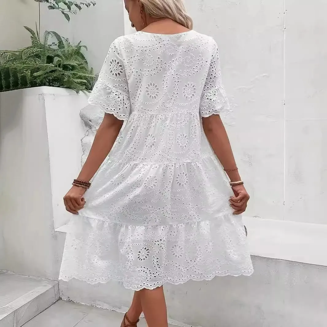 Women's White Eyelet Embroidery Midi Dress Hollow-out Boho Flowy Ruffle Tiered Dress Casual Short Sleeve Summer Beach Dresses — image 3