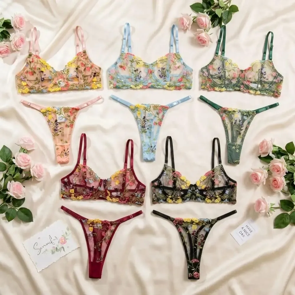 2-Piece Floral Lingerie Set Sheer Versatile Underwear Intimates Embroidery Underwire Push-up Bra Panty Set Para sa Lady Girl