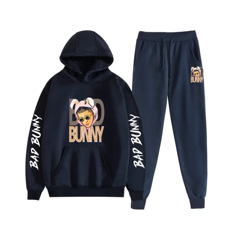 Harajuku Comfortable bad bunny Print Sweatshirt Sweatpants Suit Women's Hoodies+ Trousers Suit Boys/Girls 2 Piece Set Clothes — image 29