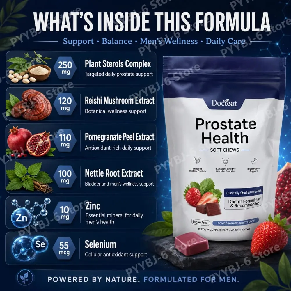 Docteat Prostate Health Soft Chews 60 Count Sugar-Free Pomegranate-Berry Flavor Daily Support with Reishi Extract Zinc Vitamin C — image 3