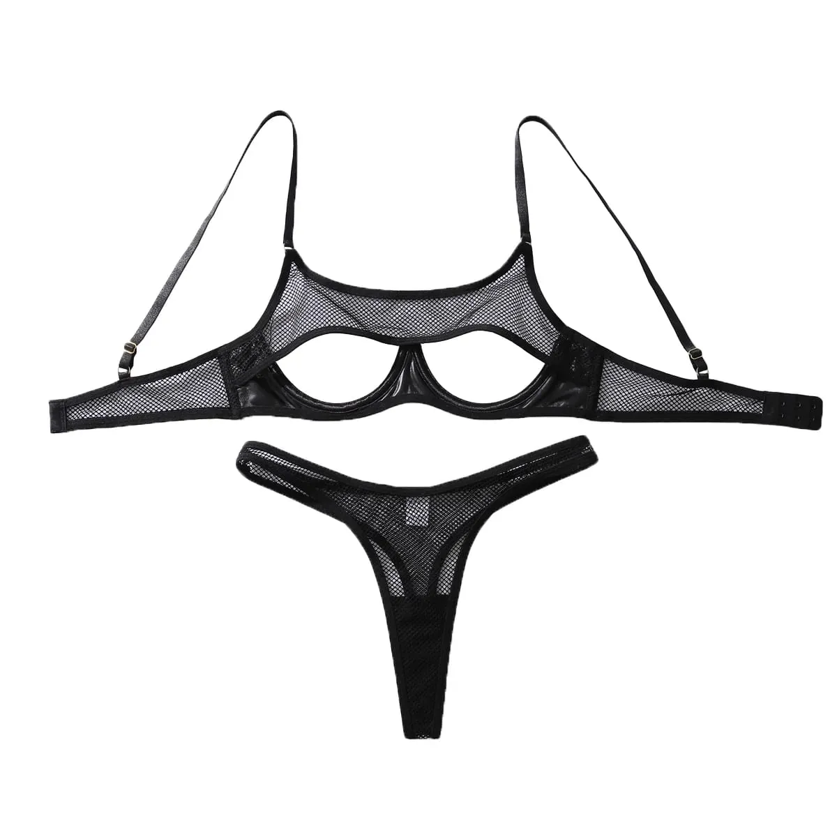 Fashion Hollow Mesh Splicing PU Leather Gathering Sexy Strap Underwear Set — image 1