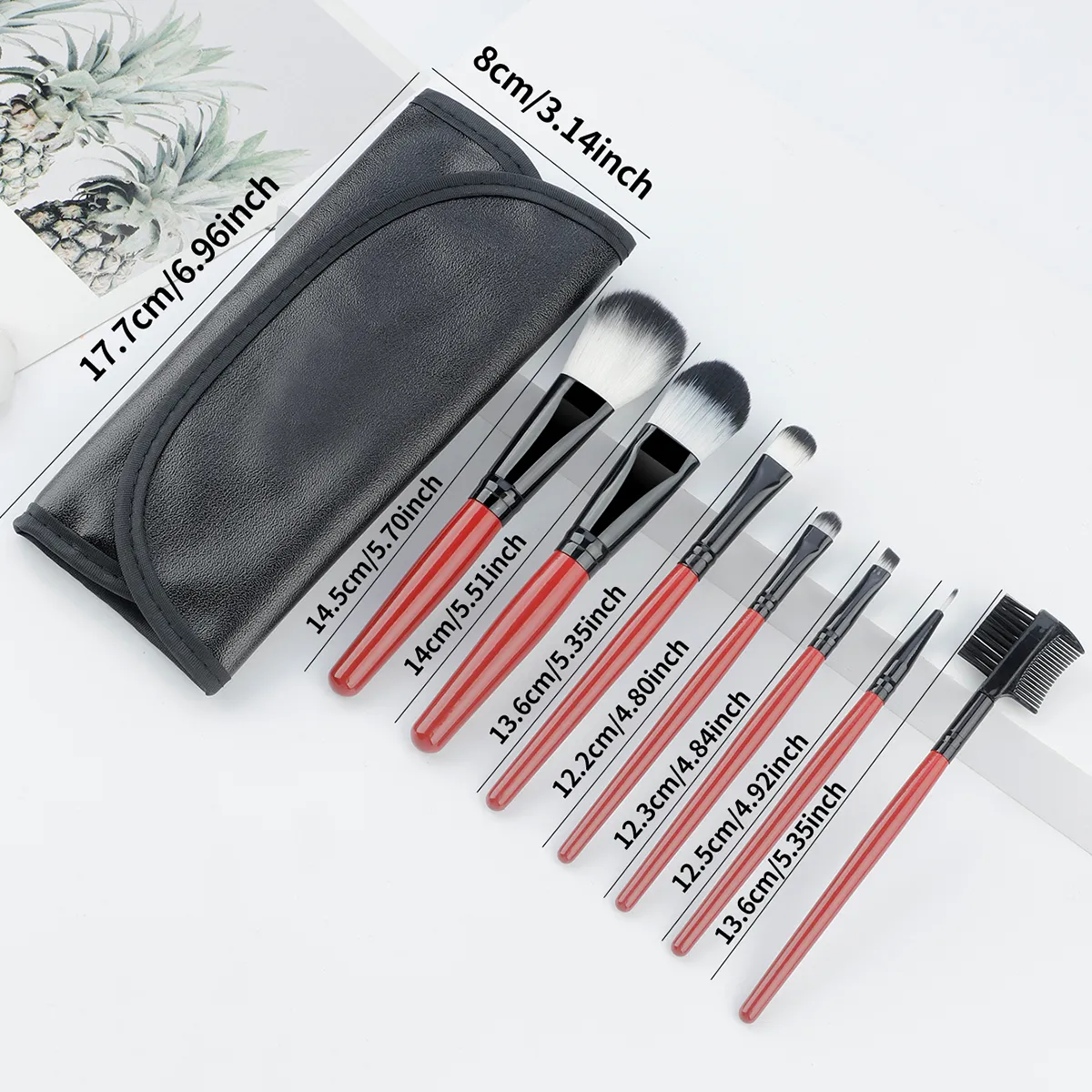 7 Pcs Wine‑red Handle Makeup Brush Set With PU Leather Storage Bag Soft Bristle Powder Blush Eyeshadow Cosmetic Brushes Kit