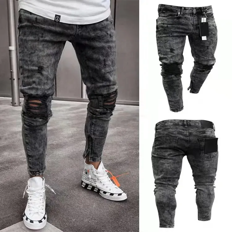 Denim Pant Men Jeans Vintage Pencil Pants High Waist Distressed Hole Skinny Trousers Zipper Hem Y2k Streetwear Splice Casual — image 6