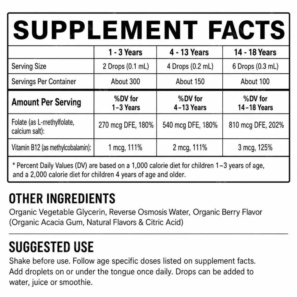 Kids L-Methylfolate 5-MTHF Drops with Methyl B12 Organic Berry Flavor Liquid Folate Supplement for Children Vegan Formula 30ml — image 5