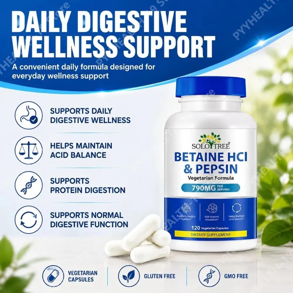 Betaine HCl Pepsin Capsules 790mg Vegetarian For Digestive Acid Balance & Nutrient Absorption Support Adult 120 Count — image 2