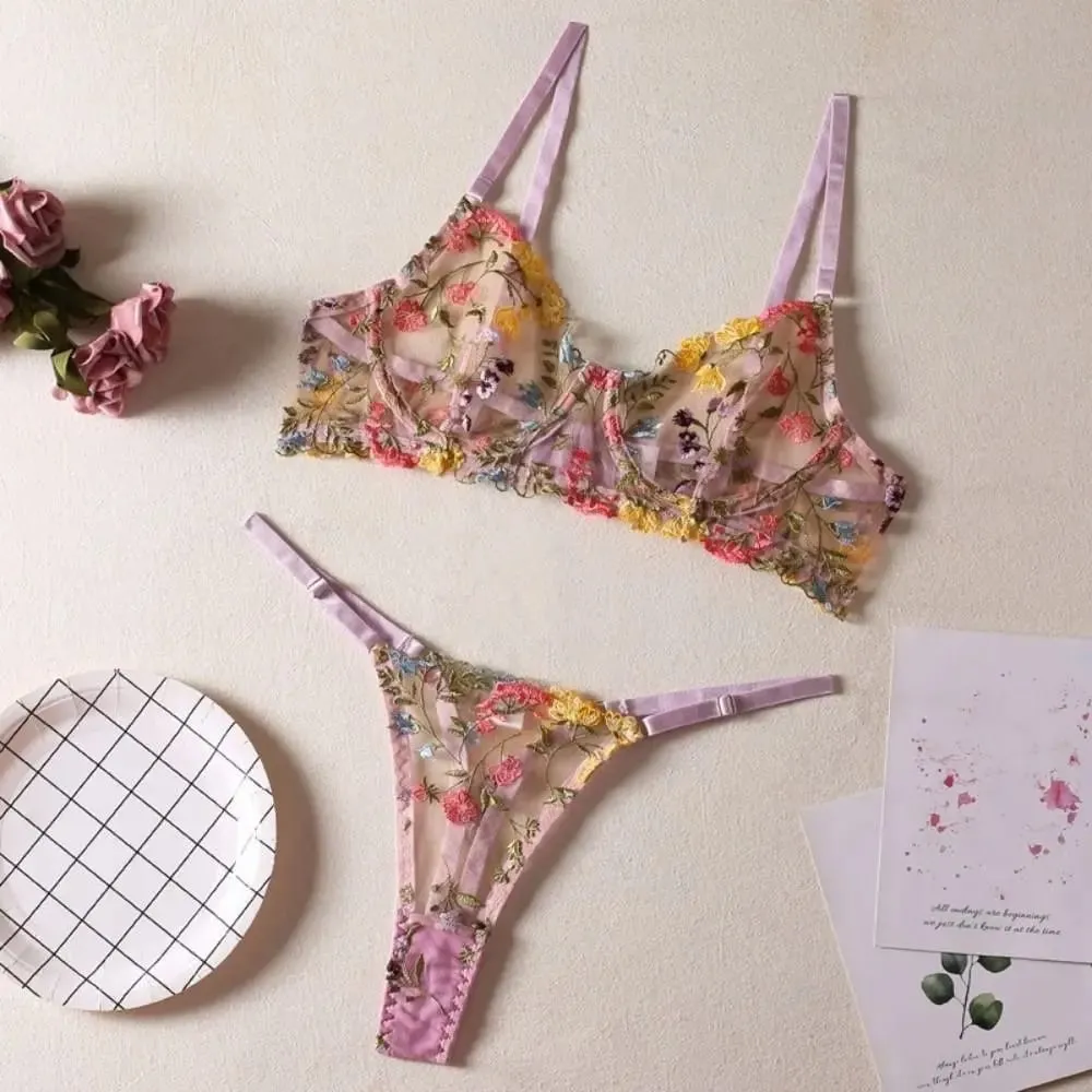 Versatile Transparent Lingerie Set Ultra-thin Push Up Panties Bra Set Elegant Embroidery Floral Underwear Valentine's Day — image 3