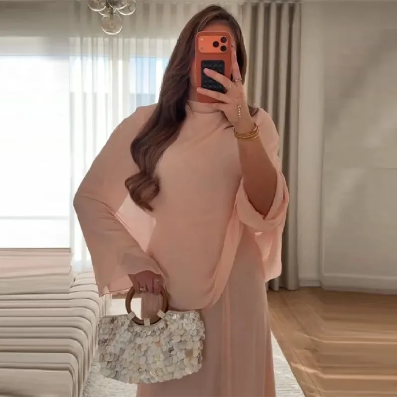 Women's Fashion Pink High Neck Cape Dress Elegant Loose Long Sleeve Flowy Maxi Dress 2026 Spring NEW Lady Evening Party Outfit — image 2