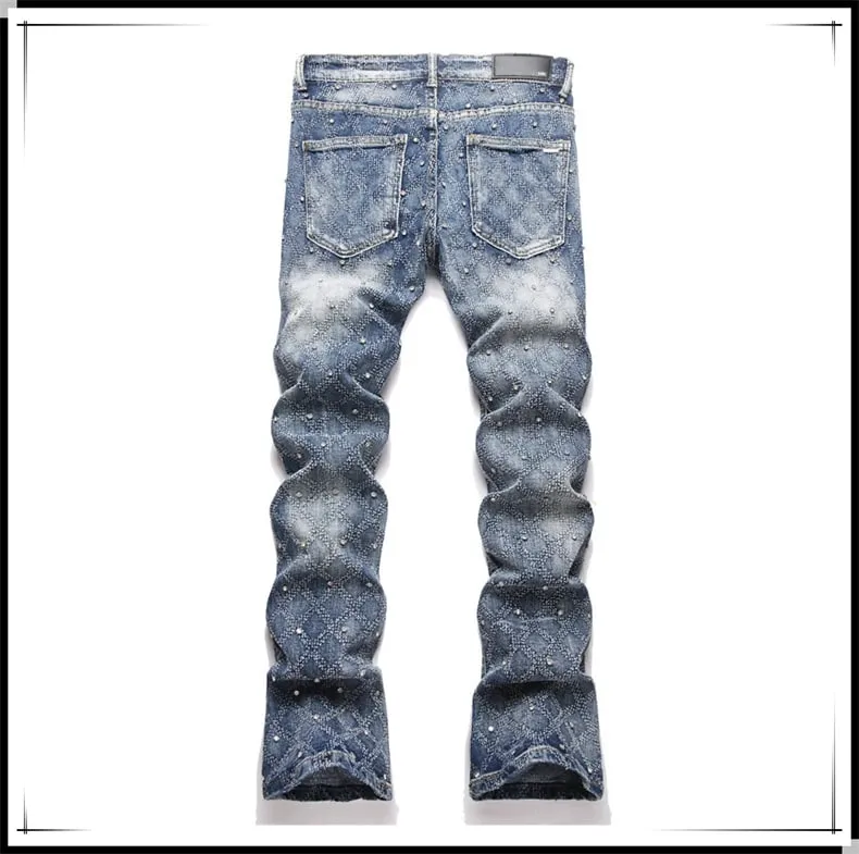 Men's Y2K Hip-hop Jeans American Retro Washed Blue Denim Pants Diamond Pattern Rivets Streetwear Slim Fit Party Male Trousers — image 8