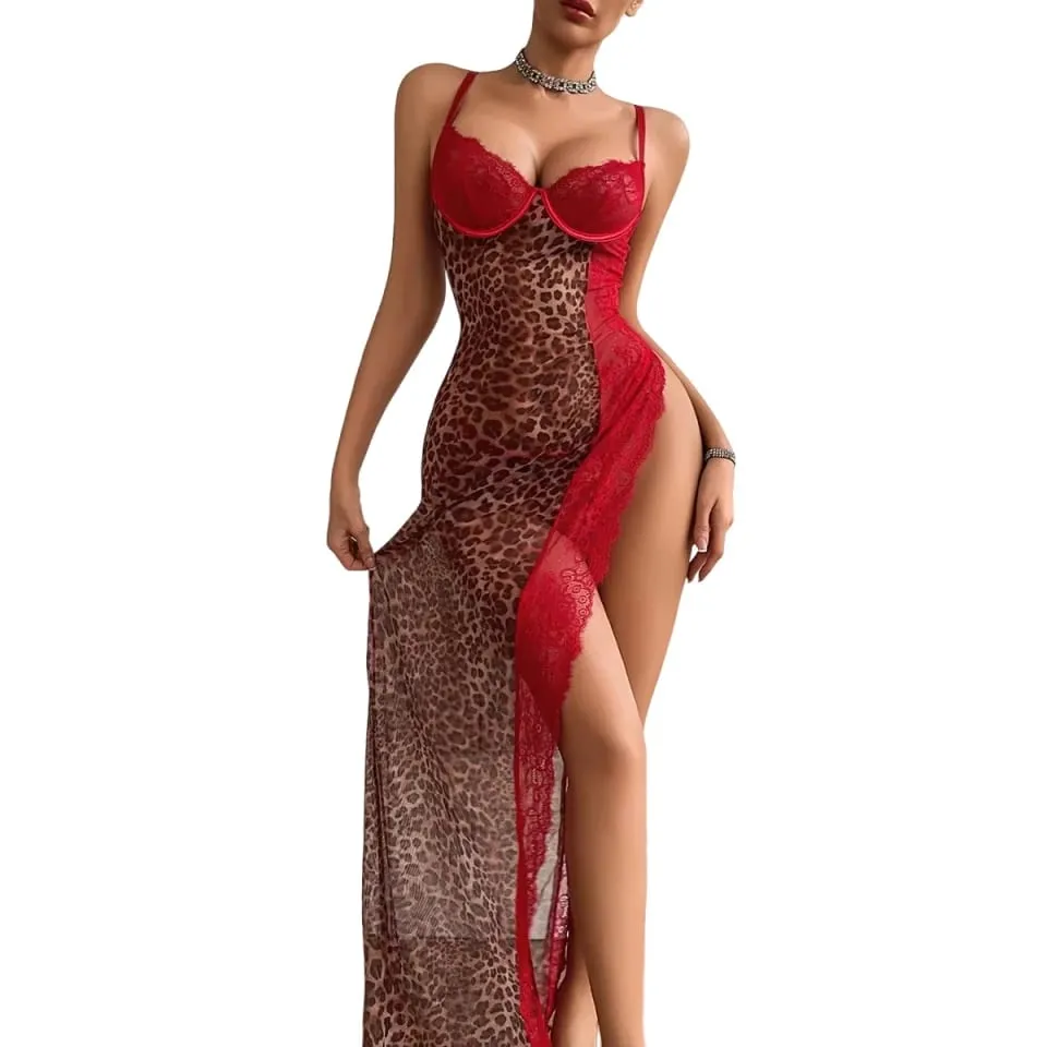 European and American Cross border 2026 Fashion High slit Strap Splicing Leopard Pattern Perspective Lace Sleeping Skirt Set — image 1