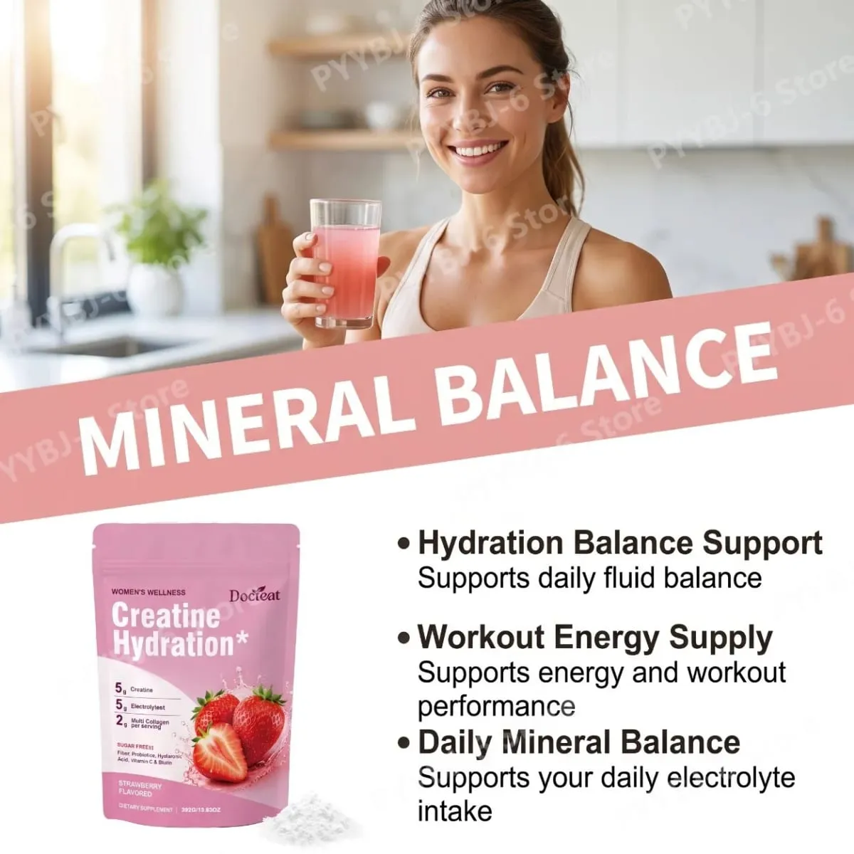Docteat Creatine Powder Electrolytes Collagen Vitamin C Biotin Sugar Free Strawberry Flavor Women Fitness Wellness 30 Servings — image 4