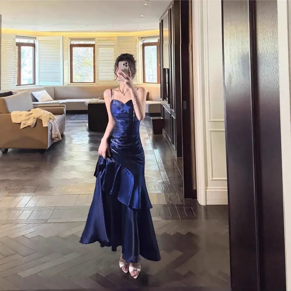 Blue Mermaid Style Birthday Dress with Lace Trim Strapless Gown Adult Ceremony Dress Long Ankle Length V-neckline No-sleeve — image 4