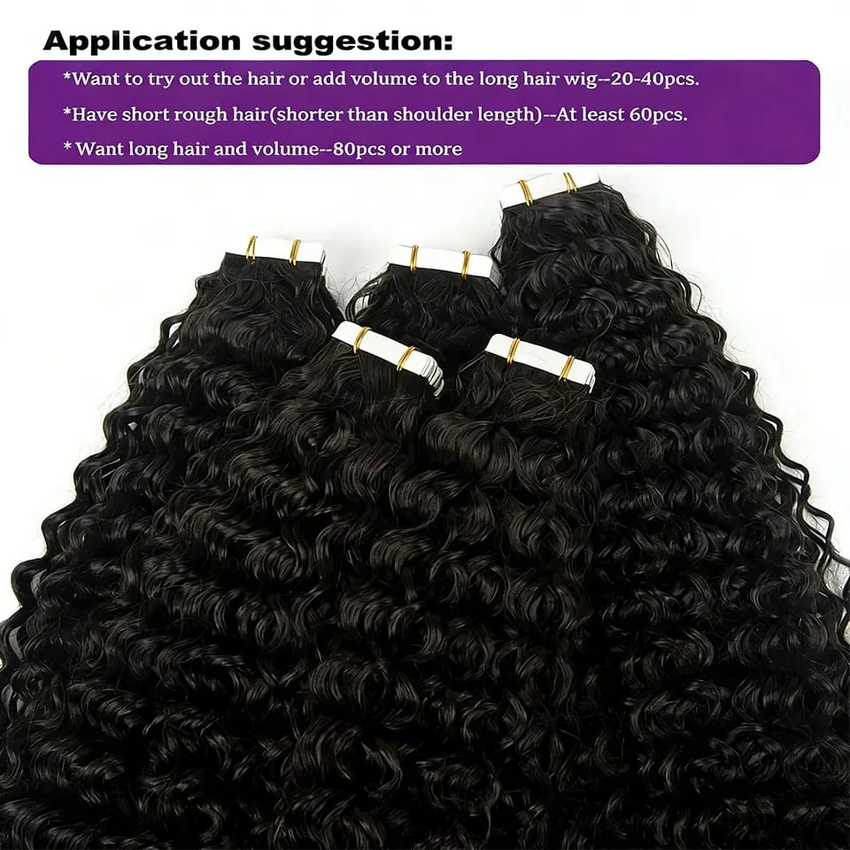Tape in Hair Extensions Human Hair Deep Wave Brazilian 100% Curly Adhesive Tape in Extensions Human Hair Natural Black For Women — image 5