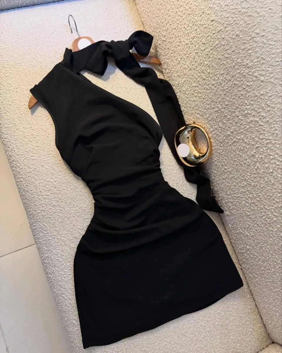 A Black One-Shoulder Halter-Neck Dress with a Bow Pleated and Fitted Short Dress Perfect for Everyday Outings and Attracting Attention a Sexy Little Black Dress for Dates — image 6