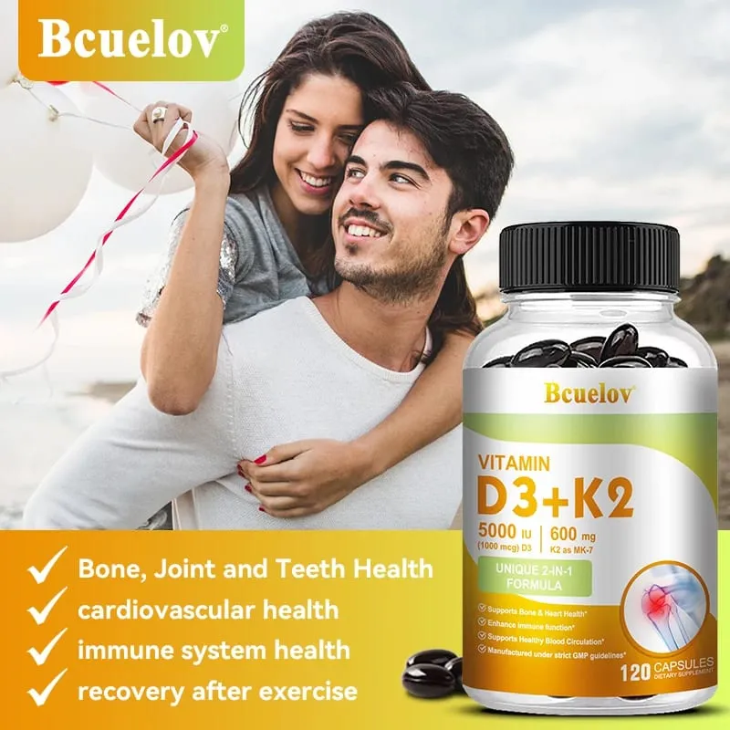 Bcuelov Witamina D3+K2 5000 j.m. Witamina D3 formuła bez GMO łatwy do połknięcia kompleksowy suplement diety z witaminą D i K
