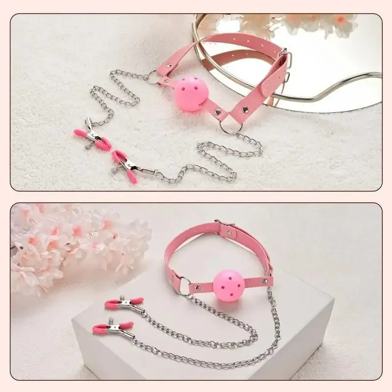 New Erotic Toy PU Leather Mouth Gag Ball Oral Sex With Chain Clip Breast Nipple Clamps Bondage Harness Sex Toys Adult Games — image 5